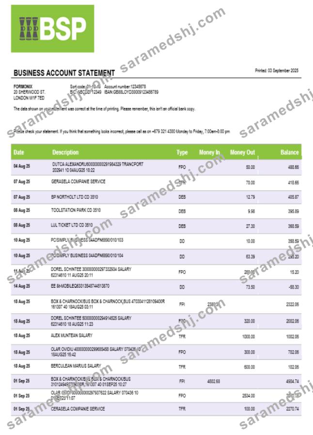 Bank of South Pacific business bank statement Word and PDF format
